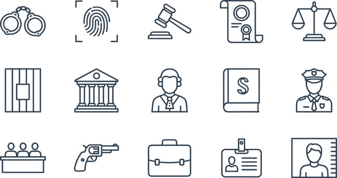 Legal justice and law enforcement line icons for courtroom proceedings attorney services police investigation and judicial system authority,