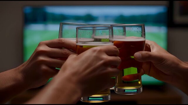 Hands clinking beer glasses while watching soccer match on TV - Powered by Adobe