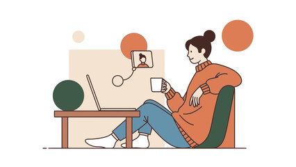 Fototapeta premium Woman video calling on laptop, holding mug, relaxed at home, modern illustration