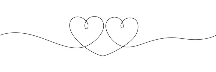 One continuous line drawing of two hearts isolated on transparent background. Editable stroke. Vector illustration. 