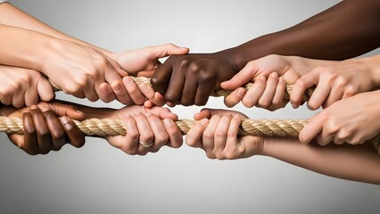 Diverse hands of various skin tones gripping a thick rope together, symbolizing unity, teamwork, and collective effort.
