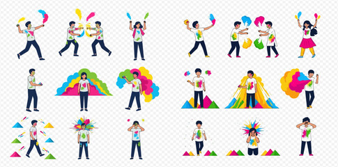 Set of diverse people celebrating Holi festival with colorful powder and joyful expressions.