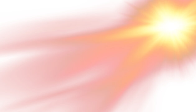 Soft red sun with gentle glowing rays, isolated on a transparent background. Delicate red light and lens flare effect.