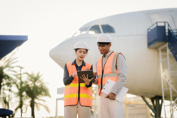 Two engineers wearing safety helmets and reflective vests inspect and discuss an aircraft during...