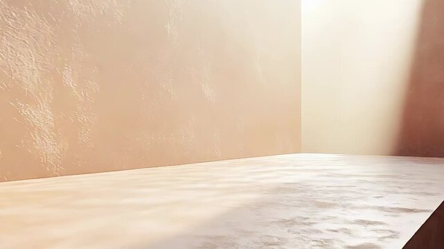 Abstract textured studio featuring a beige platform or stage illuminated by natural sunlight, creating a warm, empty space ideal for product display or architectural background