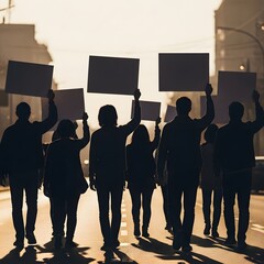 Silhouetted group of people marching down a city street holding blank protest signs during a demonstration at sunset.