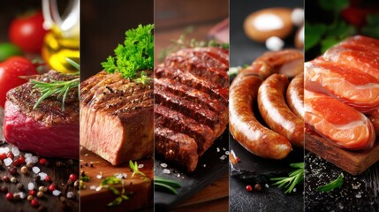 Collage of different types of meat, including steak, sausage, and salmon. The collage is arranged in a way that showcases the variety of meats and their different textures and flavors