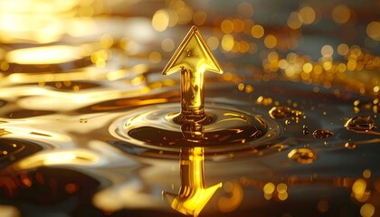 Golden arrow symbol rises from water surface with bokeh background showing light reflections at evening time