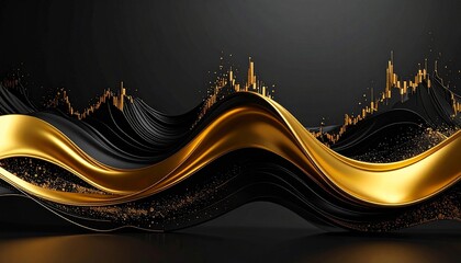 Golden waves with black and gold patterns flow together in abstract design with sharp vertical elements at the top against a dark background