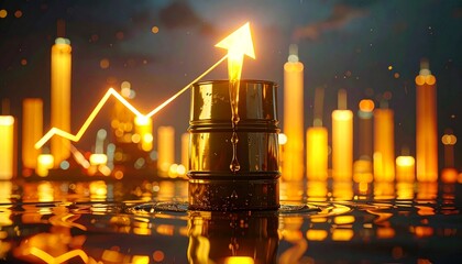 Oil barrel with rising graph icon in a cityscape at night shows economic growth and market trends