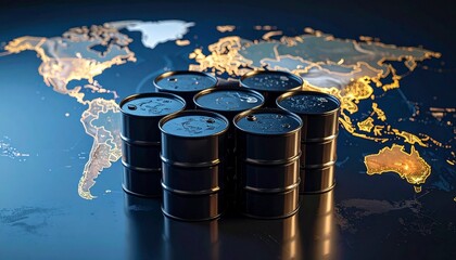 Oil barrels sit on a world map highlighting regions of energy trade and economic linkages during modern times