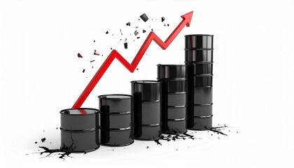 Oil barrels stacked with a rising graph indicating an increase in prices and demand
