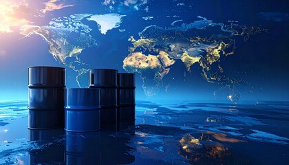 Oil barrels on water with a world map view in the background during sunrise or sunset