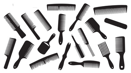 Obraz premium A collection of grooming tools arranged in a circular pattern on a white background, showcasing various brushes and combs from a top-down viewpoint