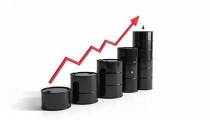 Oil barrels stacked with a rising graph showing increase in oil prices over time