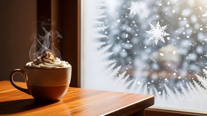 A steaming mug of hot chocolate with whipped cream on a wooden table by a frosted window with snowflakes, depicting a cozy winter scene.