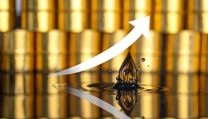 Oil drop forms ripples and reflects growth with golden barrels in the background at a production facility in daylight
