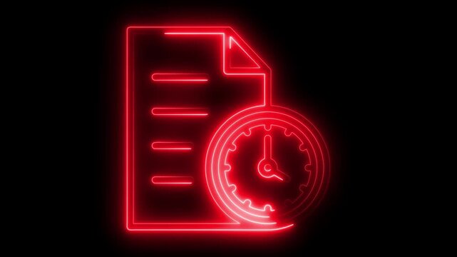 Red neon document and clock on black background symbolizing urgent paperwork and deadlines