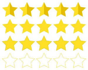 A visual set of yellow star icons arranged in rows on a black background, showing different styles of star ratings, including filled, shaded, and outlined stars.