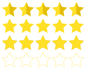 A visual set of yellow star icons arranged in rows on a black background, showing different styles of star ratings, including filled, shaded, and outlined stars.
