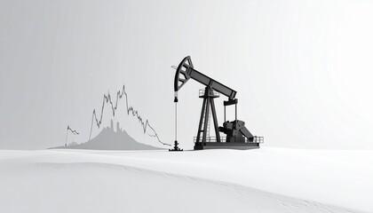Oil pump works in snowy landscape with background showing market trends in graphics over white sky