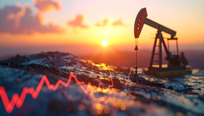 Oil rig operates at sunset with stock market trend line visible in foreground