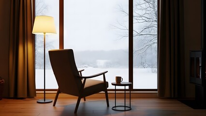 Cozy indoor scene with an armchair and floor lamp looking out a large window at a serene snowy winter landscape.