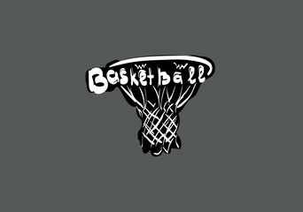 Sketch of a black and white basketball hoop with detailed net. Vector illustration