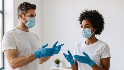 Medical professionals wearing face masks and gloves talking. Diverse man and woman doctor or nurse team discussing in clinic. Healthcare and hygiene concept