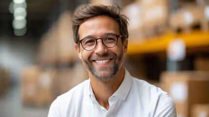 Fototapeta premium Faceless smiling warehouse worker with boxes blurred background, logistics portrait, distribution center employee, supply chain professional, fulfillment facility staff, defocused