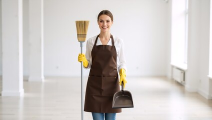 Smiling professional cleaner woman holding broom and dustpan in an empty room. Happy housekeeper in apron standing in a bright new apartment. Cleaning service concept with copy space