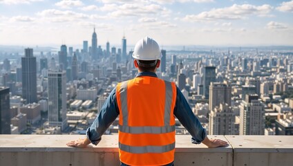 Construction worker looking at city skyline from rooftop. Rear view of engineer in safety vest and hard hat overlooking urban skyscrapers. Future development and planning concept