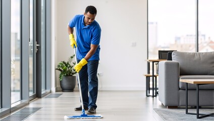 Professional male cleaner mopping the floor in a modern office. Janitor in blue uniform and yellow gloves working. Cleaning service concept