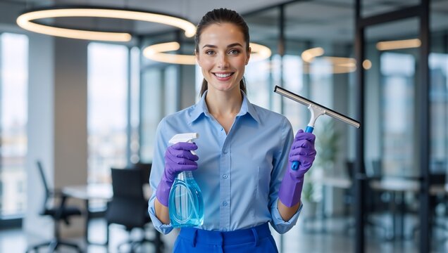 Professional female cleaner holding spray bottle and squeegee in modern office. Happy young woman in uniform with cleaning equipment ready for work. Office cleaning service and hygiene concept - Powered by Adobe