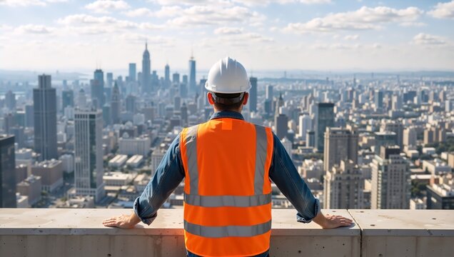 Construction worker looking at city skyline from rooftop. Rear view of engineer in safety vest and hard hat overlooking urban skyscrapers. Future development and planning concept - Powered by Adobe