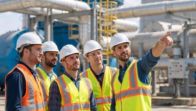 Group of construction workers and engineers at an industrial site. Supervisor pointing and discussing project with team - Powered by Adobe