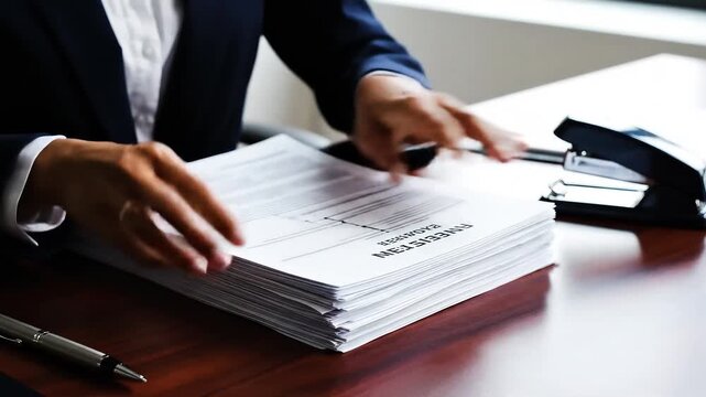Business professional organizing documents on desk