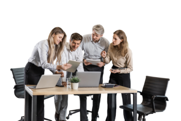 Group of young modern people in formalwear using modern technologies while working on a transparent background