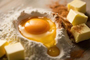 Egg yolk in flour with butter cubes and cinnamon on wooden surface for baking preparation