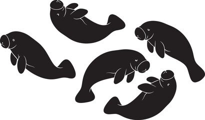 Five cartoon dolphins swimming together in playful formation