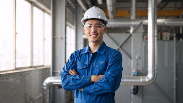 Portrait of a smiling Asian male engineer in a factory. Professional technician wearing a white hard hat and blue uniform in an industrial plant. Manufacturing and safety concept