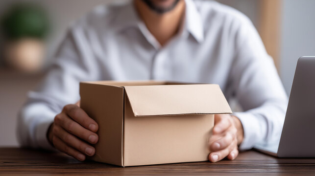 Faceless business man working with box for delivery at home office, shipping package or ecommerce logistics, online sale operations, residential distribution work, defocused person