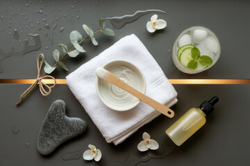 Luxurious flat lay of spa essentials with natural elements and soothing textures for relaxation