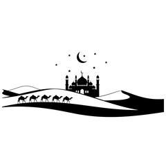 Black silhouette of a peaceful Ramadan night scene featuring a mosque among desert dunes, camels walking slowly beneath a crescent moon and stars, rendered in a clean minimalist style on a white backg