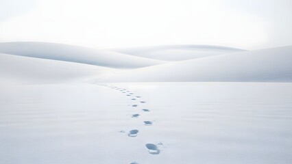 A serene winter landscape with a winding trail of footprints leading across a vast expanse of untouched snow and gentle, rolling white hills.