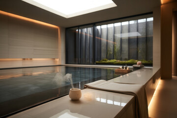 Indoor spa area with pool, candles, and a white ceramic diffuser on a marble countertop