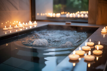 Luxurious spa experience with bubbling hot tub and glowing candles creating a serene atmosphere