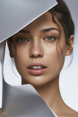 Female model with light skin and brown hair behind silver abstract shapes in a close-up portrait