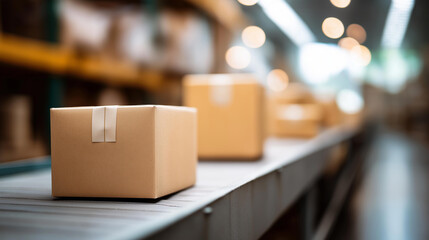 Boxes being shipped in warehouse of ecommerce logistics company, distribution center operations, fulfillment facility processing, supply chain packaging, cardboard inventory moveme