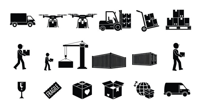 Logistics and transportation icons trucks drones forklifts and shipping symbols